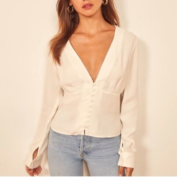Reformation White Fulham Long Sleeve Crepe Blouse sz M - Picture 7 of 10